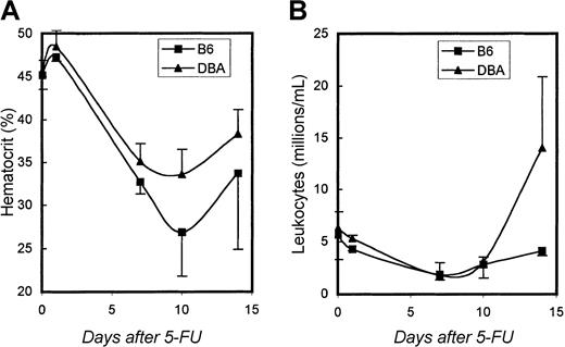 Fig. 6. Hematocrit and leukocyte counts. / Recovery of hematocrit (A), and leukocyte counts (B) after administration of 5-FU to B6 and DBA mice. Data are shown as mean values ± 1 SD.