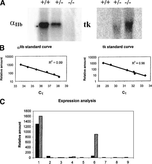 Fig. 2. Expression of the tk gene inserted into the αIIb locus. / (A) Results of Northern blot analysis of BM RNA prepared from wild-type mice (+/+), heterozygous (+/−), and homozygous tk-knocked mice (−/−) are represented. Each lane contains 30 μg total RNA. RNA integrity was determined by gel electrophoresis and visual examination of ethidium bromide-stained ribosomal bands. RNA samples were transferred to Hybond N+ nylon membrane (Amersham) and hybridized with αIIb (left) or tk (right) probes. The distortion of the tk band might result because tk transcripts comigrate with the 18S ribosomal RNA. (B) Standard curves for αIIb and tk transcripts. Serial dilutions of BM cDNA were used. 10 μL cDNA solution, corresponding arbitrarily to 2000 U, was used as the highest value. Cτ values are plotted against the relative concentration of serial-diluted cDNA. A strong linear relationship between the Cτ (the cycle threshold value predictive of the quantity of input target) and the log of the starting concentration of the cDNA is demonstrated (R2 ≥ 0.98). (C) Relative expression levels obtained after semiquantitative RT-PCR of RNA prepared from a variety of tissues of heterozygous mice. Duplicates for each sample were performed, but the data for only one is shown here. A negative PCR control without reverse transcription was performed to exclude PCR amplification of contaminating genomic DNA. Dark and dashed boxes correspond to αIIb and tk expression, respectively. Lane 1, BM; lane 2, spleen; lane 3, liver; lane 4, lung; lane 5, brain; lane 6, testes; lane 7, heart; lane 8, thymus; lane 9, kidney.