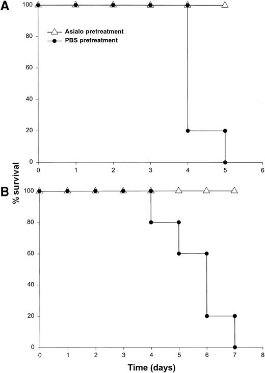 Fig. 6. Death induced by administration of IL-18 plus IL-12 is critically dependent on the NK-cell compartment. / (A) SCID mice were depleted of NK cells by pretreatment with an anti-asialo GM1 antibody (see “Materials and methods”). Control mice were pretreated with injections of PBS. Mice in both groups subsequently received daily IP injections of IL-18 plus IL-12 and were monitored for survival. This experiment was repeated 3 times with similar results. (B) CD3ε transgenic mice (▵) received daily injections of IL-18 plus IL-12 via the IP route. Normal mice of the identical background served as controls (●). This experiment was repeated twice with similar results.