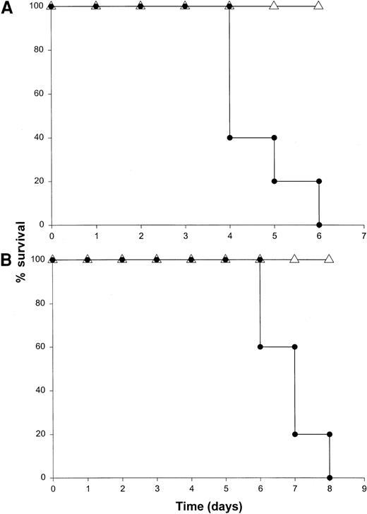 Fig. 8. The role of STAT proteins in mediating the toxicity of IL-18 plus IL-12. / (A) STAT4−/− (▵) mice and B6 x 129 background control mice (●) received daily injections of IL-18 and IL-12 via the IP route and were monitored for toxicity. (B) STAT1−/− (▵) mice and C57BL/6 control mice (●) received daily injections of IL-18 and IL-12 via the IP route and were monitored for toxicity. Both experiments were repeated once with similar results.
