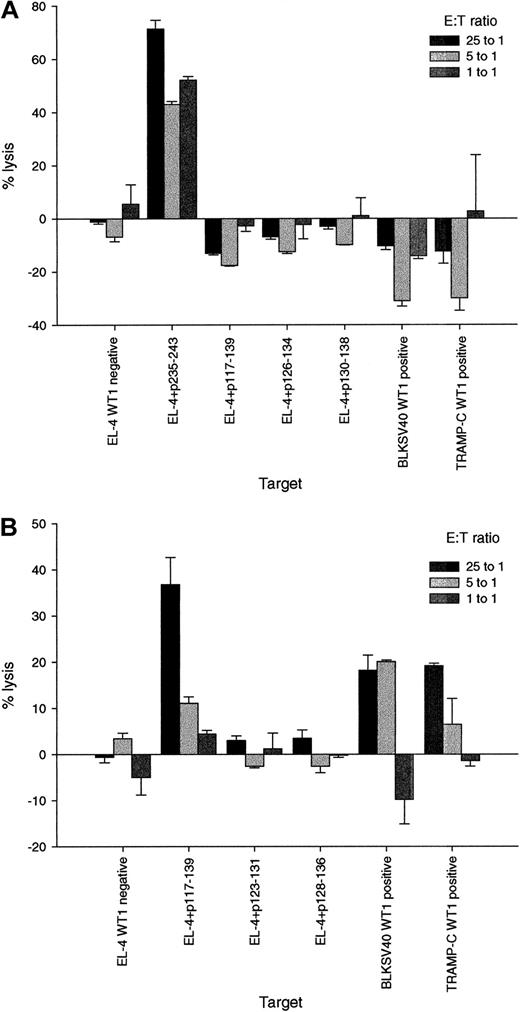 Fig. 5. P117-139–specific CTL lyse WT1-positive tumor cells. / Three weeks after the third immunization, spleen cells of mice that had been inoculated with the peptides p235-243 or p117-139 were stimulated in vitro with the relevant peptide and tested for their ability to lyse targets incubated with WT1 peptides and WT1-positive and -negative tumor cells. Bars represent the mean percentage specific lysis and standard deviations in chromium release assays performed in triplicate with effector:target (E:T) ratios of 25:1, 5:1, and 1:1. (A) Cytotoxic activity of the p235-243–specific T-cell line against the WT1-negative cell line EL-4 (EL-4, WT1 negative); EL-4 pulsed with the relevant (used for immunization and for restimulation) peptide p235-243 (EL-4 + p235-243); EL-4 pulsed with the irrelevant peptides p117-139 (EL-4 + p117-139), p126-134 (EL-4 + p126-134) or p130-138 (EL-4 + p130-138), and the WT1-positive tumor cells BLKSV40 (BLKSV40, WT1 positive) and TRAMP-C (TRAMP-C, WT1 positive). (B) Cytotoxic activity of the p117-139 specific T-cell line against EL-4; EL-4 pulsed with the relevant peptide P117-139 (EL-4 + p117-139) and EL-4 pulsed with the irrelevant peptides p123-131 (EL-4 + p123-131), or p128-136 (EL-4 + p128-136); BLKSV40 and TRAMP-C.