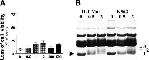 Fig. 3. Effect of HDAC inhibitors on K562 cells and histone hyperacetylation in ILT-Mat and K562 cells in response to butyrate. / (A) K562 cells were cultured for 48 hours without (open column) or with sodium butyrate (shaded column) or TSA (closed column) at the indicated concentrations (mmol/L or nmol/L, respectively). Cell viability was assessed by trypan blue dye exclusion assay. The results, 7.3 ± 0.8(0), 10.6 ± 3.8 (0.5), 16.6 ± 3.6(1), 19.4 ± 4.4(2), 8.4 ± 1.0(200), and 16.2 ± 0.6%(500) of total cells, are averages of triplicate samples from 3 experiments ± SD. (B) Histone acetylation in ILT-Mat and K562 cells after butyrate treatment was evaluated by fractionating histones on acid/urea/acrylamide gels. Cells (5 × 106) were exposed to sodium butyrate at the indicated concentration (mmol/L) for 18 hours. Histones were extracted and loaded onto SDS-PAGE gels that were fixed and stained in 0.25% Coomassie blue/10% acetic acid/40% methanol. The lowest band in each lane is unacetylated H4, and the numbers to the right indicate the number of acetylated lysines in H4.