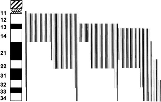 Fig. 2. Schematic view of chromosome 13 deletions in 106 patients with MM as observed with G banding. / Each vertical line to the right of the chromosome indicates the part of chromosome 13 that has been deleted in one patient. The minimal region of deletion overlap appears to be in the 13q14 region.