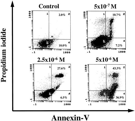 Fig. 2. Induction of apoptosis in HUVECs treated with As2O3. / Early passage, rapidly proliferating HUVECs were incubated with different concentrations of As2O3, dual-stained with Annexin-V–FITC and PI and analyzed by flow cytometry. After 72 hours, there was a dose-dependent increase in early and late apoptotic cells, as shown in the second and fourth quadrants of the plots. Results are representative of 3 similar independent experiments.