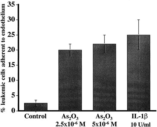 Fig. 6. HUVECs were grown in culture medium in the presence and absence of 2 different concentrations of As2O3and IL-1β and incubated with 1 × 105 HEL cells for 1 hour. / The adherent population was quantified in triplicate with the use of phase-contrast microscopy.