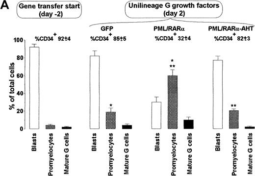 Fig. 2. PML/RARα induces promyelocytic differentiation of HPC. / (A) The morphology of the cells was analyzed on cytospin slides stained with May-Grünwald-Giemsa. (first left panel) HPCs stimulated with IL-3, FLT3 ligand, and stem cell factor (see “Materials and methods”) before retroviral infection. (right panels) HPCs transduced with the control (GFP) or the indicated fusion protein vector. Mature G cells comprise metamyelocytes, myelocytes, and granulocytes. Mean ± SD values from 5 experiments. The percentage of CD34+cells in the different samples is analyzed by FACS and is indicated above the columns. Single and double asterisks above the columns indicate statistical significance (P < .0001) of the differences in GFP vs. PML/RARα cells and PML/RARα vs. PML/RARα-AHT cells, respectively, as calculated from Student 2-tailed t test. (B) Representative cytospins of the samples described in A.