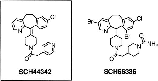 Fig. 6. Nonpeptidic, tricyclic FTase inhibitors. / FTase inhibitor SCH44342 had no in vivo efficacy. Further substitutions led to SCH66336, a highly potent FTase inhibitor, which was found to have therapeutically useful serum levels and half-lives when given orally to rodents and primates. SCH66336 is being tested in human clinical phase II trials.