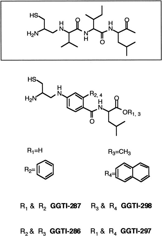 Fig. 7. CAAL-based inhibitors of GGTase I. / GGTase I catalyzes the geranylgeranylation of proteins terminating with CAAX sequences where X is restricted to leucine, isoleucine or, to a lesser extent, phenylalanine. In cells, geranylgeranylation of proteins is far more common than farnesylation. Proteins modified by GGTase I include Rap1A, Rap1B, Rac1, Rac2, G25K, and RhoA.