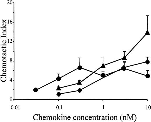 Fig. 4. Chemotactic activity of LD78α, intact LD78β, and LD78β(3-70) on human lymphocytes. / LD78α (♦), intact LD78β (▴), and truncated LD78β(3-70) (●) were tested at different concentrations in the in vitro Boyden microchamber chemotaxis test on freshly isolated peripheral blood–derived human lymphocytes. The results are expressed as the mean chemotactic index plus or minus SEM of 4 or more independent experiments.