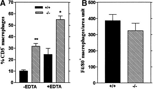 Fig. 5. Recovery and adhesion of peritoneal macrophages. / (A) The effect of EDTA on the recovery of peritoneal macrophages. The proportion of Mac-1hiCD5− macrophages harvested from the peritoneum of wt (+/+) orLsp1−/−(−/−) mice with or without 5 mmol/L EDTA in the lavage buffer are shown. Data are presented as mean values ± 1 SEM from 3 mice per genotype (+EDTA) and 8 or 9 mice (wt orLsp1−/−, respectively, −EDTA). *,P = .008, **, P = .0003. (B) Adhesion of the peritoneal macrophages to fibronectin in vitro. F4/80+macrophages from wt and Lsp1−/− mice adhered to fibronectin-coated coverslips were counted within a defined area as described in “Materials and methods.” Data are presented as means ± 1 SEM from 4 mice per genotype.