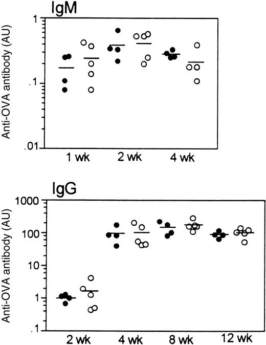 Fig. 9. Humoral response to OVA in wt mice (filled circles) and. / Lsp1−/− mice (open circles).OVA-specific IgM and IgG titers at various time points after immunization are illustrated. Each circle represents an individual mouse and horizontal lines are used to indicate means. Antibody titers are expressed as arbitrary units (AU; see “Materials and methods”). OVA-specific antibodies were not detectable in any pre-immune sera tested.