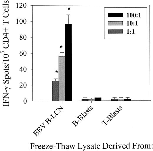 Fig. 2. Autologous DCs pulsed with EBV B-LCL–derived freeze–thaw lysate induces EBV-specific CD4+T-cell responses in an antigen dose-dependent manner. / CD4+ T cells directly isolated from blood lymphocytes of healthy anti-EBV–positive donor IP1 were seeded at 105cells per well and were tested for reactivity against freeze–thaw lysate fractions 10 kd or larger prepared from autologous LCL cells, B-, or T-cell blasts in IFN-γ Elispot assays. For antigen processing and presentation, autologous immature DCs were prepulsed with freeze–thaw cell lysates at the ratio of cell equivalents per DCs of 100:1, 10:1, or 1:1. Resulting spots were evaluated and presented as described in Figure 1. Results were confirmed in 3 independent experiments.