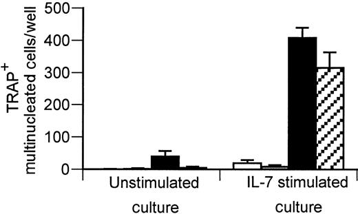 Fig. 4. IL-7 induces OC formation in monocytes via actions on T cells. / Purified monocytes alone (■), monocytes with T cells replaced (▪), and monocytes with B cells replaced (░) were cultured with or without rhIL-7 (2.5 ng/mL) or CM from purified T cells (▨) cultured in the presence or absence of rhIL-7. After 7 to 10 days, TRAP+ multinucleated cells were counted. Only IL-7–stimulated T-cell replete cultures and IL-7–stimulated T-cell CM were able to stimulate appreciable OC formation. Data points are shown as average + SD of 3 replicate wells. Data are representative of 3 independent experiments.