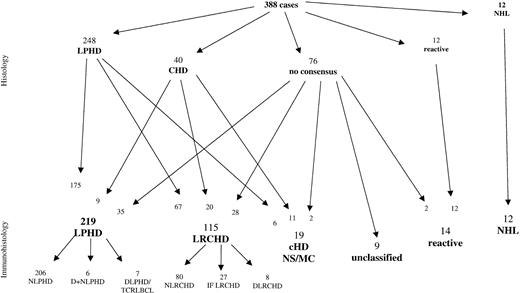 Fig. 1. Comparison of diagnoses based on conventional histology with diagnoses established after additional immunohistologic review of the submitted cases. / LPHD indicates lymphocyte predominance Hodgkin disease; CHD, classical Hodgkin disease; NS, nodular sclerosis, MC, mixed cellularity; NHL, non-Hodgkin lymphoma; LRCH, lymphocyte rich classical HD; N, nodular; D, diffuse; IF, interfollicular.