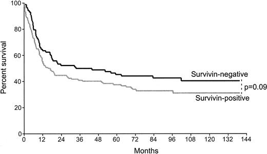 Fig. 2. Kaplan-Meier curves of event-free survival of 222 patients with diffuse large B-cell lymphoma according to survivin expression. / Survivin-negative cases, n = 88; survivin-positive cases, n = 134.