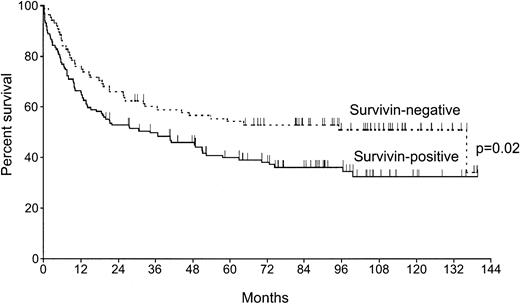 Fig. 3. Kaplan-Meier curves of overall survival of 222 patients with diffuse large B-cell lymphoma according to survivin expression. / Survivin-negative cases, n = 88; survivin-positive cases, n = 134.