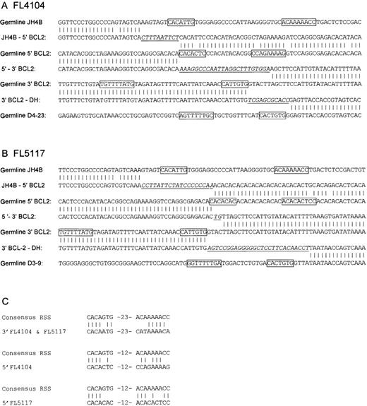 Fig. 3. DNA sequences at the breakpoints in FL4104 and FL5117. / In each case, (A) FL4101 and (B) FL5117, 3 breakpoints were present: the 5′-BCL2/JH junction, the 3′-BCL2/DH junction, and the deletion breakpoint joining the BCL2 5′- and 3′-flanking regions. The breakpoints are aligned with the germline sequences of JH, DH, 5′-BCL2, and 3′-BCL2. Germline sequences are from the following GenBank accession numbers: DH, X97051; 5′-BCL2, X51898; and 3′-BCL2,AF204739. JH sequences are from GenBank, accession number J00256 and from V BASE36; N-nucleotides are underlined and in italics. Natural and cryptic RSS heptamers and nonamers are boxed. All sequences were obtained from 2 sequence reactions in different orientations. (C) An alignment of the cryptic RSS elements in FL4104 and FL5117 with the consensus IGH RSS. In both cases, the sequence of the cryptic RSS in the JH4 5′-BCL2 fusion product has a few mismatches with the published germline sequence. Possibly these mismatches represent somatic mutations acquired after the translocation. Therefore, the germline sequence has been aligned with the consensus RSS.