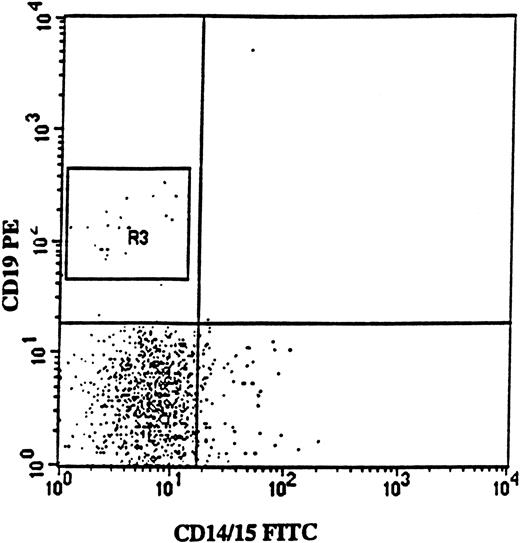 Fig. 3. Isolation of CD34+CD19+ pro-B cells from a patient with 5q− syndrome. / FACS profile shows CD19 (PE) versus myeloid (CD14/15-FITC) antigen expression on BM cells from patient no. 2, gated on CD34 (APC)-positive BM cells. Note the lack of coexpression of CD19 and myeloid antigens. In this patient, CD34+CD19+ cells represented 2% of the CD34+ cells, and 67% of these cells were 5q− according to FISH analysis.