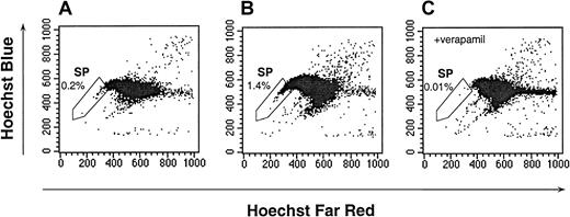 Fig. 3. Hoechst dye efflux by Lin− UCB. / The SP cells, as defined by verapamil-sensitive cells, are indicated in the enclosed box. The data are representative of 39 experiments. (A) The Hoechst 33342 staining and emission patterns of unfractionated human UCB. (B) The Hoechst 33342 staining and emission patterns of Lin− UCB in the absence of verapamil. (C) The Hoechst 33342 staining and emission patterns of Lin− UCB in the presence of verapamil.