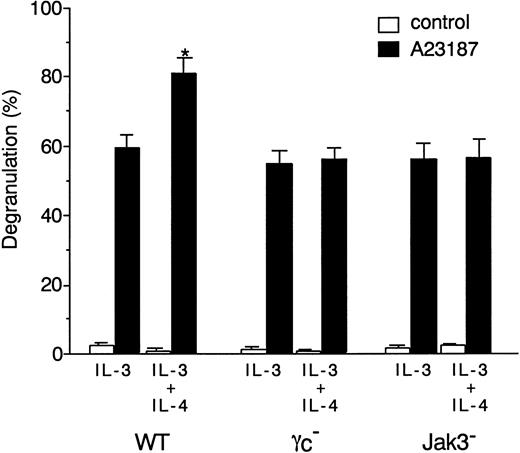 Fig. 7. IL-4 induces the degranulation of BMMCs through γc- and Jak3-dependent signaling. / BMMCs from WT, γc−, and Jak3−mice were cultured for 4 days in the presence of IL-3 alone or IL-3 plus murine IL-4 (20 ng/mL). BMMCs were then stimulated with A23187 (200 ng/mL) for 30 minutes, and the percentage of specific β-hexosaminidase release was determined as described in “Materials and methods.” Data are means ± SD for 4 mice in each group. The mean value of IL-4–stimulated BMMCs is significantly different from the mean value of the corresponding BMMCs without IL-4 stimulation in WT mice. *P < .01.
