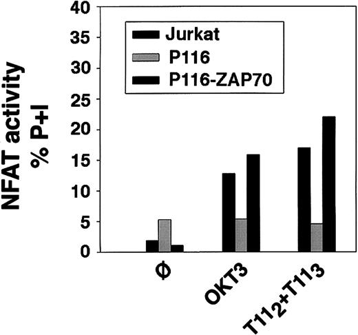Fig. 13. Reconstitution of the ZAP70/Syk-deficient P116 cell line with wild-type ZAP70 restores both CD3- and CD2-mediated induction of NFAT transcriptional activity. / Wild-type Jurkat cells, the ZAP70/Syk-deficient clone P116 and the ZAP70-reconstituted P116 cells were subjected to transient transfection for evaluation of NFAT transcriptional activity by luciferase assay, as described in Figure 12. Twenty-four hours after transfection, 106 cells/test were then either left unstimulated (ø) or stimulated with plate-bound OKT3, T112+T113, or PMA plus ionomycin for 6 hours. Cells were then washed and lysed, and the soluble extract was assayed for luciferase activity. Results are reported as activity of firefly luciferase normalized to that ofRenilla luciferase (to correct for transfection efficiency) in the lysate, and expressed as percentage of response obtained with PMA plus ionomycin (P+I).