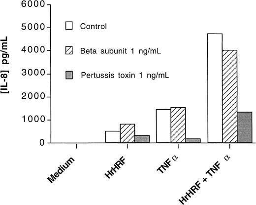 Fig. 5. Pertussis toxin inhibits IL-8 secretion by eosinophils. / Cells were stimulated with TNF-α (10 ng/mL), HrHRF (0.7 μmol/L), or both in the absence (open bars) or presence of 1 ng/mL of either PT (closed bars) or its inactive β-oligomer (stippled bars). Data are the mean values from 2 experiments.