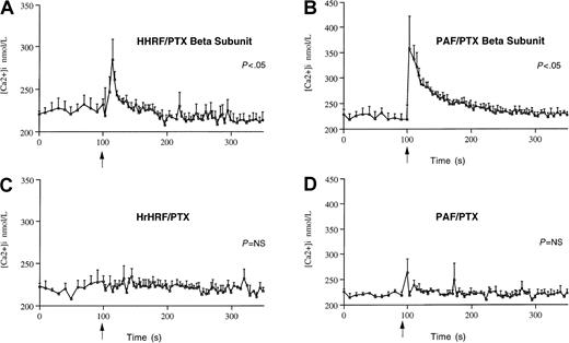 Fig. 6. Changes in cytosolic free calcium in response to HrHRF or a known positive stimulus, PAF. / Eosinophils were preincubated with either the inactive β-oligomer of PT (panels A,B) or PT (panels C,D) and loaded with Fura 2-AM. Cells were then stimulated (arrows) with 0.7 μmol/L HrHRF (panels A,C) or 1 μmol/L PAF (panels B,D). The average calcium response ± SEM (vertical bars) of eosinophils from 4 donors is expressed as the relative change in Fura 2-AM saturation. P values indicate differences between 8 time points before and after the addition of stimulus.