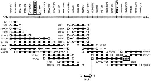 Fig. 1. PAC contig spanning the chromosome 18 breakpoint of t(11;18)(q21;q21). / PAC 57N9, which has been applied in the present interphase FISH assay, hybridizes telomerically to the breakpoint and is translocated to the derivative chromosome 11 resulting from t(11;18). PACs 205G9 and 152M5 span the breakpoint and the MLT gene. STS present, ▪; STS absent, ■; STS not tested, ○.