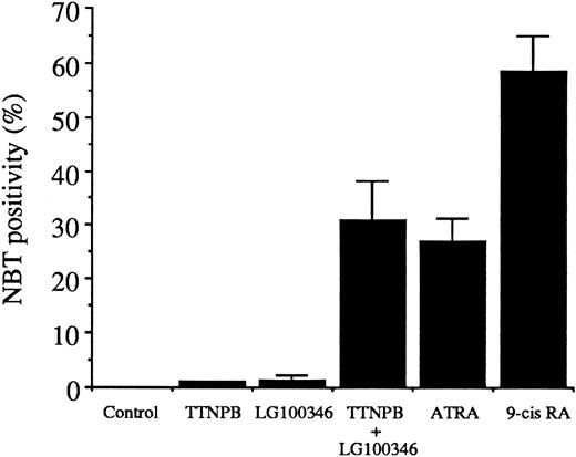 Fig. 6. Differentiation of D+ cells induced by various retinoids (all at 5 μmol/L), as determined by NBT reduction after 72 hours of treatment. / TTNPB indicates RAR-specific agonist; LG100346, RXR-specific agonist; 9-cis RA, 9-cisretinoic acid. Data are the average values of 2 experiment ± the difference between values.