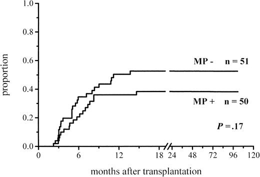Fig. 3. Cumulative incidence of chronic GVHD in patients at risk for at least 100 days and given or not given MP.