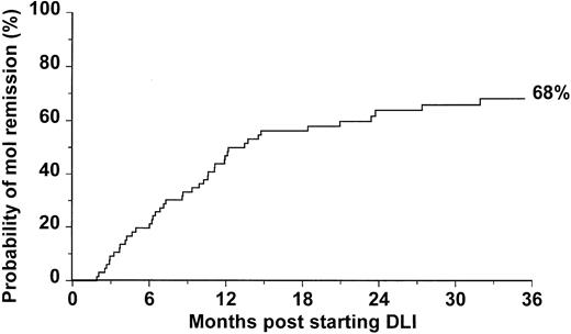 Fig. 1. Probability of achieving molecular remission after treatment with DLI for 66 patients with CML in relapse after allogeneic SCT.