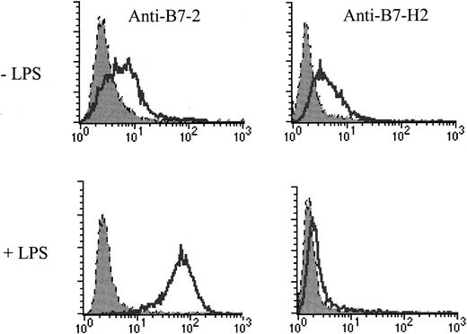 Fig. 2. Expression of human B7-H2 on cytokine-induced dendritic cells. / DC-generated by GM-CSF and IL-4 were stained with antibodies to B7-2, B7-H2 (open), or control Ig (shaded). LPS in the lower panel was used in the DC cultures at a concentration of 1 μg/mL for 24 hours.