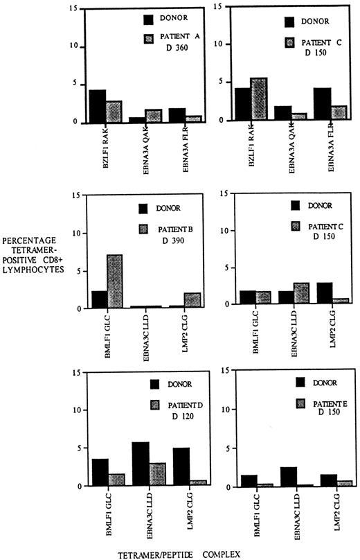 Fig. 6. The hierarchy of CD8 T-cell populations specific for different EBV epitopes is similar in allo-PBSCT recipients and their respective donors. / PBMCs were isolated from allograft recipients A-E at the indicated times following transplantation and stained with HLA-A2 or HLA-B8 tetramers, each complexed with 3 different EBV epitopes, as indicated below each bar graph. Donor PBMCs were stained with the same tetramers, and the frequency of EBV-specific T cells was determined. The percentage of CD8 T cells staining with HLA tetramers is indicated on the y-axis.