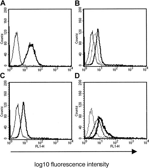 Fig. 2. Cell surface expression of MPO on unstimulated PMNs incubated with supernatants containing MPO (FACScan analysis). / (A) Expression of MPO after incubation with supernatant containing 600 U/mL MPO (bold curve), as compared with PMNs incubated with buffer (thin curve). (B) Dose-dependent decrease of MPO expression after immunodepletion of MPO in the supernatant from 570 U/mL (bold curve) to 135 U/mL (broken curve) and from 135 U/mL to an MPO concentration below detection limit (thin unbroken curve). (C) Expression of MPO after incubation of PMNs with purified MPO added to buffer at 450 U/mL (bold curve), as compared with PMNs incubated with buffer only (thin curve). (D) Expression of MPO after incubation of PMNs with supernatant containing 600 U/mL MPO in the presence or absence of 50% serum. The bold curve represents the expression level after incubation with supernatant diluted 1:1 with buffer; the thin curve, the expression level after incubation with supernatant diluted 1:1 with serum. The broken curve represents the expression after incubation with buffer. Similar results were obtained for 3 individual experiments.