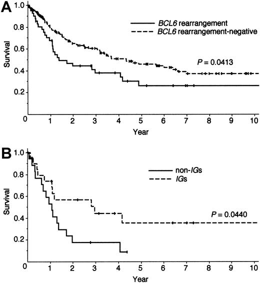 Fig. 1. Survival curves of patients with DLBCL. / (A) Overall survival of patients with DLBCL separated by the presence (n = 43) or absence (n = 160) of the BCL6 rearrangement as determined by Southern blot analysis. (B) Overall survival of patients with the BCL6 rearrangement separated by theIg (n = 21) or non-Ig. (n = 17) partners. Two patients with a deletion of more than a 1-kb segment within theBCL6 were included in the latter group.