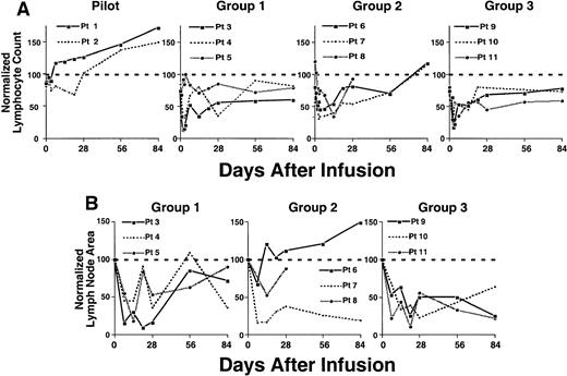 Fig. 5. Reductions in absolute lymphocyte count and lymph node size following an infusion of autologous Ad-CD154–transduced CLL cells. / (A) Complete blood count and manual differential were performed at the indicated time points from the day of infusion of Ad-CD154 CLL cells (day 0). Absolute lymphocyte counts were calculated and then normalized with respect to the lymphocyte count obtained before leukapheresis. (B) Lymph node area was assessed by nodal palpation in 2 dimensions in right and left cervical, supraclavicular, and axillary regions. The largest lymph node in each of the right and left nodal regions palpated on the day of cell infusion was selected and followed over time. The total lymph node bulk was represented as the sum area of the largest lymph node in each of the right and left nodal regions. The normalized lymph node area represents the sum lymph node area at a particular time as a fraction of sum area on day of infusion (day 0) times 100.