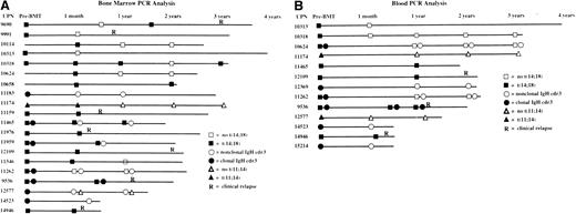 Fig. 4. Landmark analyses of bone marrow and blood. / Solid symbols indicate presence of a clonal marker indicative of lymphoma; open symbols indicate absence of clonal markers. Only informative markers are shown. (A) Landmark analysis of serial bone marrow samples from 20 patients with informative markers monitored by polymerase chain reaction (PCR) for clonal immunoglobulin heavy-chain rearrangements (circles), the t(14:18) translocation (squares), and the t(11;14) translocation (triangles). (B) Landmark analysis of serial peripheral blood samples from 13 patients with informative markers monitored by PCR for clonal immunoglobulin heavy-chain rearrangements (circles), the t(14:18) translocation (squares), and the t(11;14) translocation (triangles).