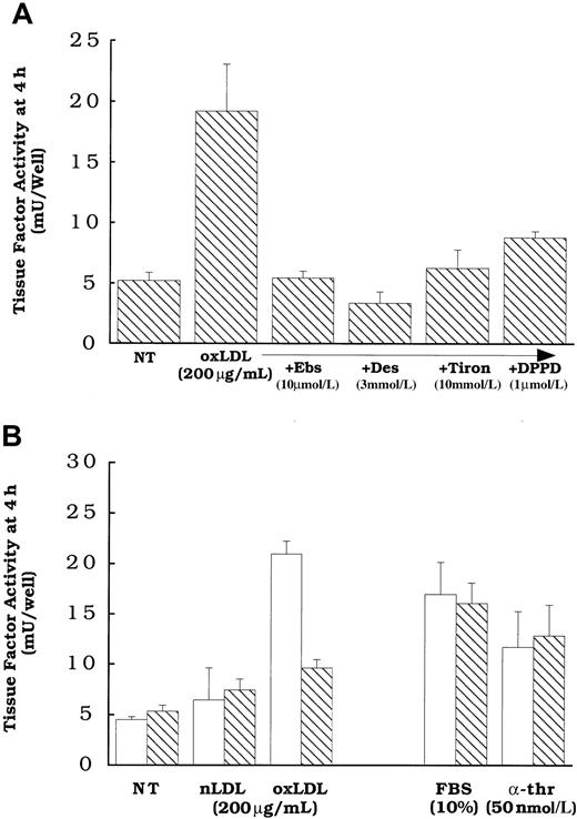 Fig. 3. Effect of antioxidant treatments on oxidized LDL induction of surface tissue factor pathway activity. / Oxidized LDL or native LDL (200 μg protein/mL), α-thrombin (50 nmol/L), or FBS (10%) was added to rat aortic smooth muscle cells for 4 hours before tissue factor assessment. (A) Cells were pretreated with DPPD (1 μmol/L), ebselen (Ebs, 10 μmol/L), Tiron (10 mmol/L), or desferoximine (Des, 3 mmol/L). (B) Cells were pretreated with ethanol alone (0.5%, ■) or vitamin E (25 μmol/L, ▧). All antioxidant treatments were overnight before and during the addition of the agonists. NT indicates no treatment (solvent control). All cells received 0.5% ethanol at the time of treatment with antioxidants to control for those antioxidants that required ethanol as a carrier. Data represent means ± SD of 4 wells per treatment.
