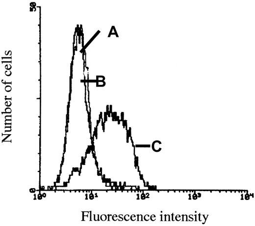 Fig. 5. Mobilization of cell-bound HGF by soluble syndecan-1. / The myeloma cell line JJN-3 produces large amounts of HGF that can be detected on the cell surface by flow cytometry. Before incubation with anti-HGF antibody 3F4 and labeling with FITC-conjugated antimouse antibody, cells were washed with (A) 10 μg/mL soluble heparin, which releases the HGF from the cell surface, (B) 10 μg/mL purified syndecan-1, which releases HGF from the cell surface in an identical manner, and (C) PBS, leaving HGF on the cell surface.