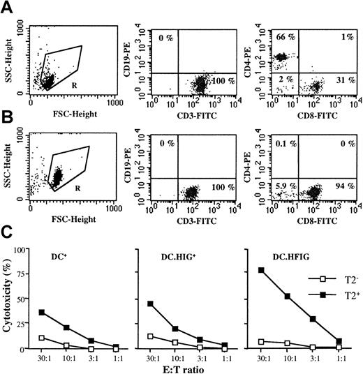 Fig. 7. Transduced DCs induce a specific cytotoxic response against the Flu peptide in the absence of CD4+ T cells and in the absence of exogenous cytokines. / (A,B) Purified HLA A2.1+ T cells before and after depletion of CD4+ T cells. (A) T cells (gate R, left panel) were purified as described in “Materials and methods” and stained with anti-CD3 and anti-CD19 antibodies (middle panel) or anti-CD8 and anti-CD4 antibodies (right panel). (B) Depletion of CD4+ T cells was accomplished as described in “Materials and methods.” After depletion, T cells (gate R, left panel) were stained with the same antibodies (middle and right panels). Background staining given by mouse isotype IgG controls was always lower than 0.25% and subtracted. (C) HLA A2.1+ DCs were cultured with autologous CD4-depleted T cells for 8 to 10 days in the absence of exogenous cytokines. CTL assays were performed on T2 cells as described in Figures 5 and 6. The following populations of DCs were compared: DCs pulsed with the Flu peptide (DC+), DCs transduced with the HIG vector and pulsed with the Flu peptide (DC.HIG+), and DCs transduced with the HFIG vector (DC.HFIG). Without CD4 depletion and using the same absolute number of T cells at the start of the cocultures, cytotoxic activity was comparable to that shown in Figure 5(data not shown).