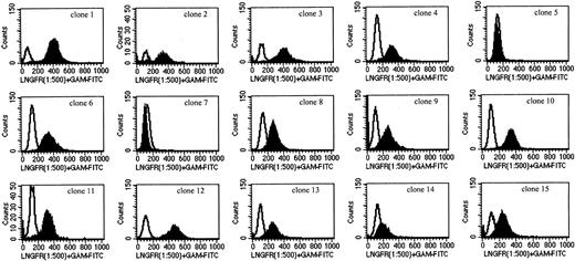 Fig. 2. FACs analysis for the expression of the ΔLNGFR transgene in the CEM-Tk–derived clones. / Cells were incubated with an unconjugated mouse antihuman NGFR mAb and subsequently stained with a fluorescein isothiocyanate–labeled goat antimouse mAb.