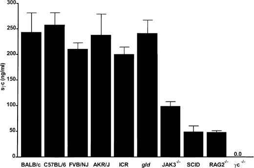Fig. 2. Serum levels of the sγc in mice. / Mice were bled from retro-orbital veins, and sera were analyzed by sγc ELISA. Bars represent the mean of at least 5 mice per strain.