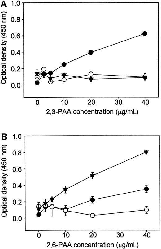 Fig. 3. Human Sn(d1-4)Fc binds preferentially to PAA glycoconjugates carrying 3′-sialyllactose. / Fc proteins were coated onto plastic microwells, and biotinylated PAA glycoconjugates linked either to 3′-sialyllactose (2,3-PAA, panel A) or 6′-sialyllactose (2,6-PAA, panel B) were added at the indicated concentrations. Unbound conjugate was washed off and binding detected with streptavidin-peroxidase and o-phenylenediamine dihydrochloride as substrate. ● indicates hSn(d1-4)Fc, and comparisons were made with CD22-Fc (▾) that binds specifically to 2,6-PAA and NCAM-Fc (○), a control protein that does not mediate sialic acid binding. Data show mean absorbance values ± range of duplicates and are representative of 2 experiments performed.