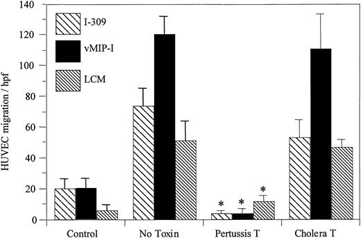 Fig. 5. Pertussis toxin inhibits HUVECs chemotaxis induced by I-309, vMIP-I, and LCM. / I-309, vMIP-I, and LCM, prepared as detailed in the legend for Figure3, were tested for chemotactic activity using HUVECs pretreated with either pertussis or cholera toxin as described in “Materials and methods.” Pertussis toxin inhibited HUVEC chemotaxis in response to all 3 agonists (*P < .001), whereas cholera toxin did not inhibit. hpf, high power field.