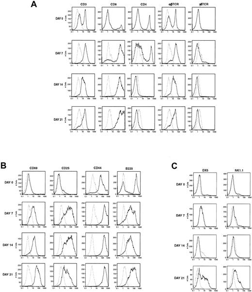 Fig. 2. Phenotypic expression of cell surface molecules at different time points. / (A) Expression of CD3, CD8, CD4, αβTCR, and γδTCR from cells initiated from splenocytes (day 0) and at days 7, 14, and 21 in culture. (B) Expression of the activation markers CD69, CD25, CD44, and B220 at day 0 and at different time points. (C) Expression of the NK markers DX-5 and NK1.1 at day 0 and at different time points. Background staining using an isotype control antibody is shown in each histogram (dotted line). Results are representative of more than 3 experiments.