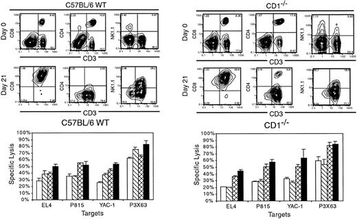 Fig. 5. Role of CD1d in ex vivo expansion of CD8+NKT cells. / Splenocytes were isolated from C57BL/6 WT or CD1−/−animals and cultured as described for 21 days. Phenotypic analysis was performed at days 0 and 21, as well as cytotoxicity against a panel of target cells at day 21. Data are representative of one of 3 experiments. ■ indicates 1:5; ▧, 1:10; ⊠, 1:20; and ▪, 1:40.