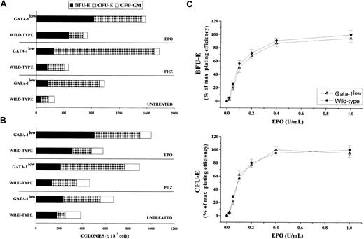 Fig. 7. Frequency of progenitor cells in the spleen and marrow from normal and GATA-1low mice. / (A) (B) Frequency of progenitor cells (BFU-E, dark bars; CFU-E, dotted bars; and CFU-GM, white bars) in the spleen (panel A) and the bone marrow (panel B) of untreated (steady-state), day-1 PHZ-treated, and day-6 EPO-treated wild-type and GATA-1low mice. The results are presented as the mean ( ± SD) of 4 separate experiments. Four wild-type and 4 GATA-1low mice were analyzed for each experimental point (4 untreated, 4 EPO-treated, and 4 PHZ-treated animals for a total of 12 wild-type and 12 GATA-1lowmice). (C) EPO concentration/response curve on the growth of CFU-E–derived (bottom) and BFU-E–derived (top) colonies in serum-deprived cultures of light-density spleen cells from wild-type (closed circles) and GATA-1low (open triangles) mice. The results are presented as a percentage of the maximal colony growth and are the mean ( ± SD) of 4 separate experiments. Maximal colony efficiency (100%) was as follows: wild-type BFU-E = 68 ± 22; wild-type CFU-E = 110 ± 30; GATA-1lowBFU-E = 166 ± 30; GATA-1low CFU-E = 750 ± 175. Identical EPO concentration/response curves were observed in cultures of marrow cells (not shown).