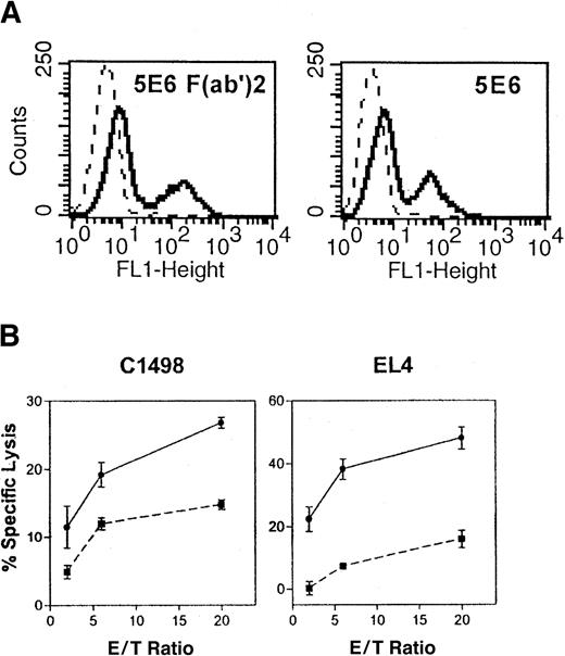 Fig. 1. Effect of 5E6 F(ab′)2 fragments on 5E6+ NK cells. / The 5E6 F(ab′)2 fragments bind 5E6+ NK cells and increase cytotoxicity mediated by the 5E6+ NK cell subset. (A) IL-2–activated NK cells (5 × 106) were incubated with F(ab′)2 fragments of 5E6 (solid histogram) at 1 × 106/mL or with normal mouse IgG (dashed histogram) at 25 μg/mL for 2 hours at 37°C and stained with FITC goat antimouse IgG specific for F(ab′)2 fragments (left panel). As controls, NK cells were incubated alone and stained with biotinylated 5E6 and secondary antibody, FITC-streptavidin (right panel, solid histogram) or the secondary antibody only (dashed histogram). (B) The NK1.1+5E6+ subset was sorted from B6 SCID splenocytes by flow cytometry, activated with rhIL-2, and used at day 5 as effectors against C1498 or EL4 targets in standard 4-hour cytotoxicity assay as described previously.21 Various numbers of NK1.1+5E6+ effectors were pretreated with media (▪) or 5E6 F(ab′)2 (●), and the effectors were then cocultured with the targets for 4 hours, after which51Cr activity was measured in a liquid scintillation counter. A representative of 3 independent experiments is shown.