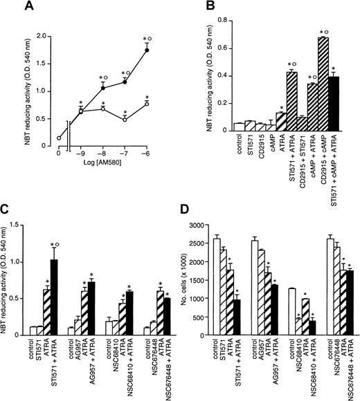Fig. 4. Effect of synthetic retinoids and tyrosine kinase inhibitors on the granulocytic differentiation and growth of NB4 cells. / NB4 cells were seeded at an initial concentration of 2 × 105/mL and treated for 4 days (A and B) or 3 days (C and D) with the indicated compounds. (A) NBT-reducing activity in NB4 cells treated with the indicated concentrations of the RARα agonist AM580 in the absence (○) or presence of STI571 (●, 5 × 10−6 M). (B) NBT-reducing activity in cells treated with vehicle (control), STI571 (5 × 10−6 M), the RXR agonist CD2915 (10−6 M), 8-CPT-cAMP (1 × 10−4 M; cAMP), ATRA (10−7 M), and the indicated combinations. (C) and (D) NBT-reducing activity and growth of cells treated with vehicle (control), STI571 (5 × 10−6M), ATRA (10−7 M), the tyrosine kinase inhibitors AG957 (1 × 10−6 M), NSC68 410 (1 × 10−6 M), and NSC676448 (1 × 10−6 M) or the indicated combinations. Results are the mean ± SD of 3 separate culture dishes and are representative of at least 2 independent experiments. *, significantly higher or lower than the corresponding group treated with medium alone (P < .01 according to the Studentt test). °, significantly higher than the sum of the effects observed in the corresponding STI571- and ATRA-treated groups, following 2-way analysis of variance and measurement of the F of interaction (P < .01 according to Tukey test).