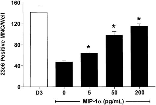 Fig. 1. MIP-1α induces osteoclast formation in human marrow cultures. / Long-term human marrow cultures were established and treated with varying concentrations of recombinant hMIP-1α. Controls for these experiments were cultures treated with 1,25-(OH)2D3 (10−8 M). MIP-1α at concentrations of 5 to 200 pg/mL significantly increased osteoclast formation in these cultures. Results represent the mean ± SEM for quadruplicate determinations for a typical experiment. Similar results were seen in 3 independent experiments. *P < .05 compared to culture lacking MIP-1α.